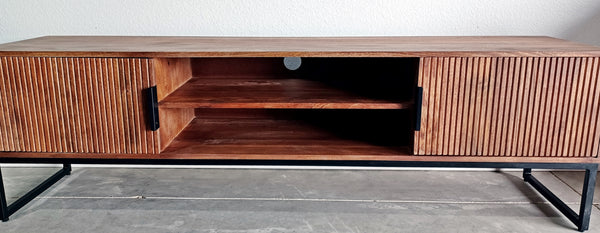 New REED TV media console 67" wide works for TVs up to 75". Urban Modern solid hard wood TV credenza