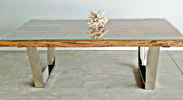 Treesma Reclaimed Wood Coffee Table with tempered Glass top